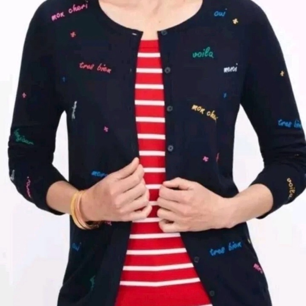 Clare V and Mothers style Navy Multicolor Graphic Cardigan with French